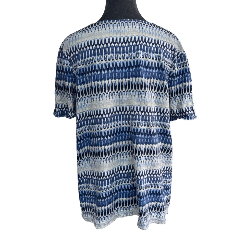 Chico's Slub Knit Boho Coastal Tee Blue Geometric V-Neck Short Sleeve 2 (US L) - Picture 2 of 8
